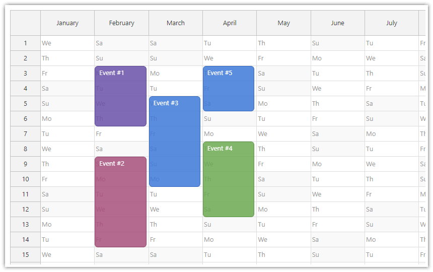 JavaScript Yearly Calendar with Months as Columns