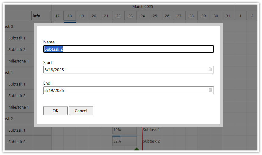 JavaScript Gantt Chart - Task Editing
